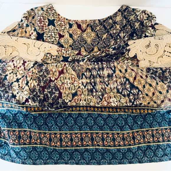 Vintage America Blues Ladies Peasant Pull Over Blouse Size Large Tan Lace Panels - Picture 9 of 16